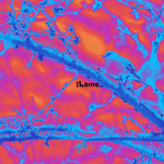 false-color photo of a robin sitting on the branch of a tree.