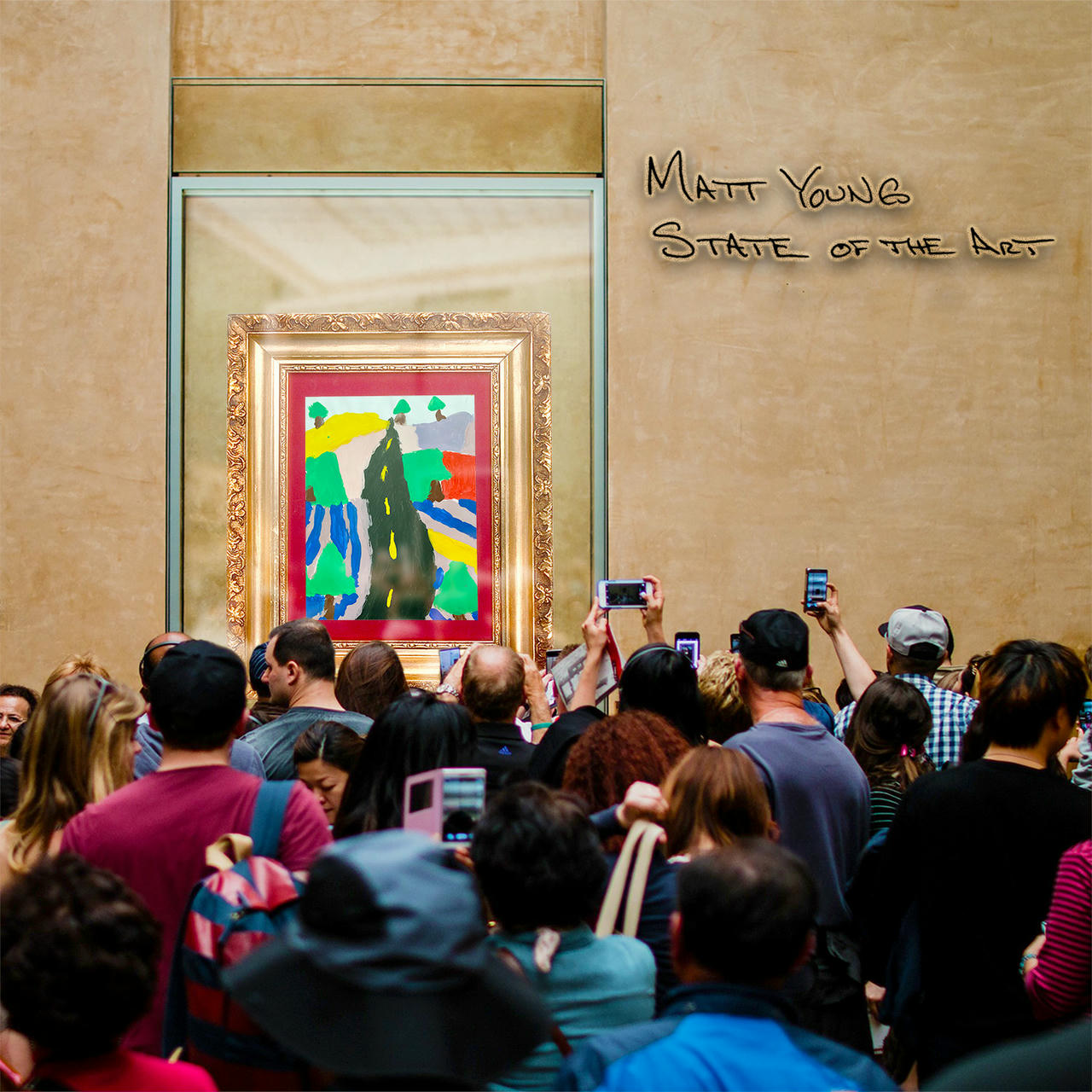 A photograph of a group of people in an art museum crowded around a child's drawing which is behind glass